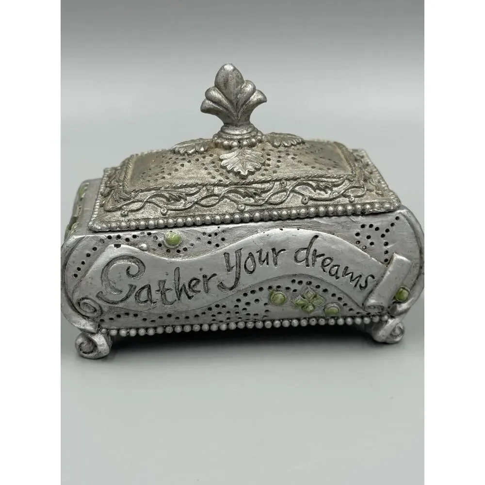 Gray‎ Colored Victorian Design Style “Gather Your Dreams” Trinket Box READ